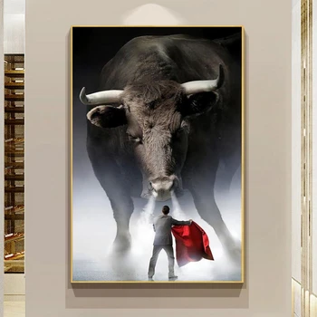 Bull and Small Man Artwork Printed on Canvas 1