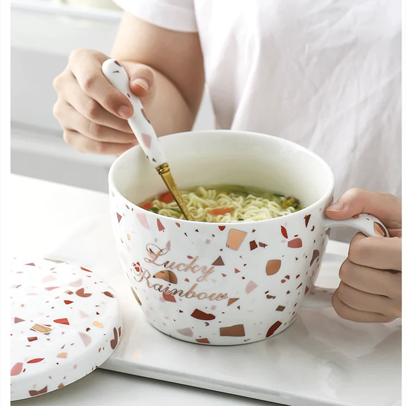 Creative Large Ceramic Bowl Mug Breakfast Cereal Calix Water Milk with Lid Sadoun.com