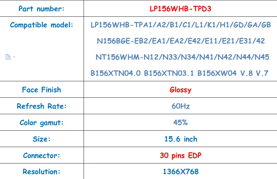 15,6 ноутбук Экран LP156WHB-TPD3 подходит LP156WHB-TPA1/A2/B1/C1/L1/K1/H1/GD/GA/ГБ B156XTN04.0 B156XTN03.1 B156XW04 V.8 V.7 NT156WHM-N