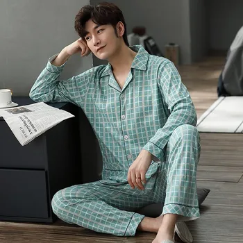 

Cotton Men Printed ShirtandPants Home Wear Oversized Pajamas Suit Loose Pyjamas Autumn New Sleepwear Male Negligee