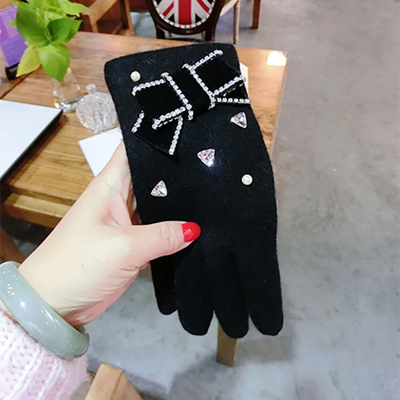Модные женские зимние перчатки для сенсорного экрана, стразы с бантом, перчатки для пальцев, женские теплые бархатные кашемировые перчатки для сенсорного экрана, женские Agl224