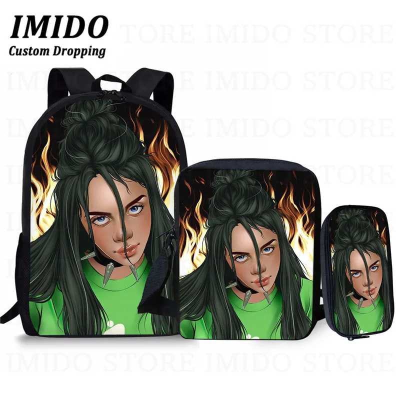 IMIDO, школьный рюкзак для девочек-подростков в стиле хип-хоп Billie Eilish, комплект из 3 предметов, школьные сумки для студентов и студентов, сумка для книг, Повседневная сумка, подарок - Цвет: as picture