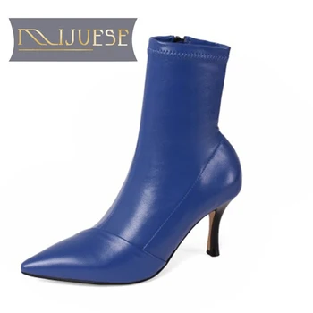 

MLJUESE 2021 women soft ankle boots Microfiber zippers boots winter short plush pointed toe high heels women boots