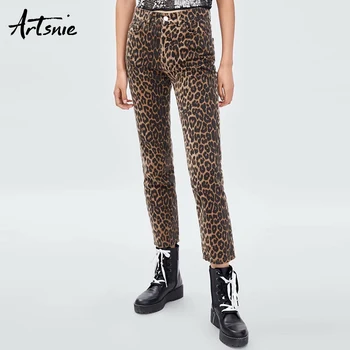 

Artsnie Autumn 2018 High Waist Leopard Denim Pants Women Streetwear Winter Pockets Boyfriend Jeans Feminino Casual Girls Pants