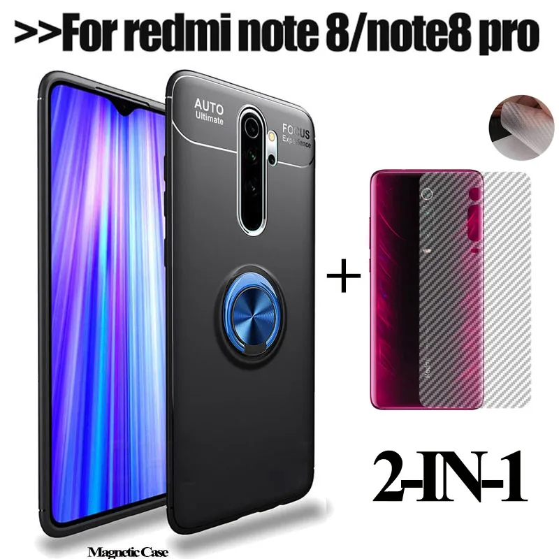 2-in-1 back glass sticker + magnetic ring case for xiaomi redmi-note-8-pro shockproof silicone phone cover redmi note 8 8t |