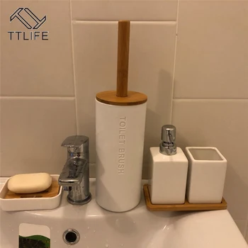 

TTLIFE Bamboo Floor-standing Toilet Brush Set with Base Bathroom Toilet Cleaning Brush Holder WC Accessories Bathroom Products