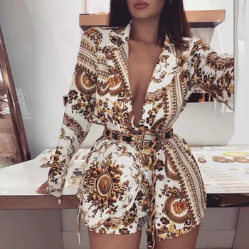 

Sexy Party Club Jumpsuit Women 2020 Fashion Print V Neck Long Sleeve Romper Female Summer Bandage Belt Playsuit Two Set Piece