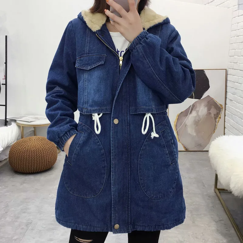 

New Women's Denim Jacket Winter 2019 Fashion Warm Thicken Plus Velvet Cotton Parkas Coat Loose Hooded Long Tops Outerwear Female