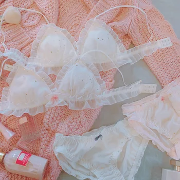 

Japanese Visions Starry Chiffon Bra & Panties Sets Girls Student Soft Sister Intimates Set Bowknot Ruffle Simple Underwear Set
