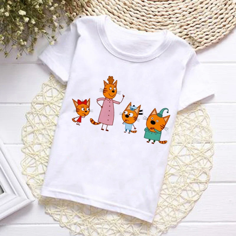 Summer Fashion Unisex Kid-e-cats T-shirt Children Boys Short Sleeves White Tees Baby Kids PinkTops For Girls Clothes 3 8Y Children T Shirt