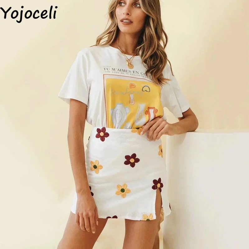 Элегантные юбки Yojoceli с разрезом и цветочной вышивкой Женская Сексуальная