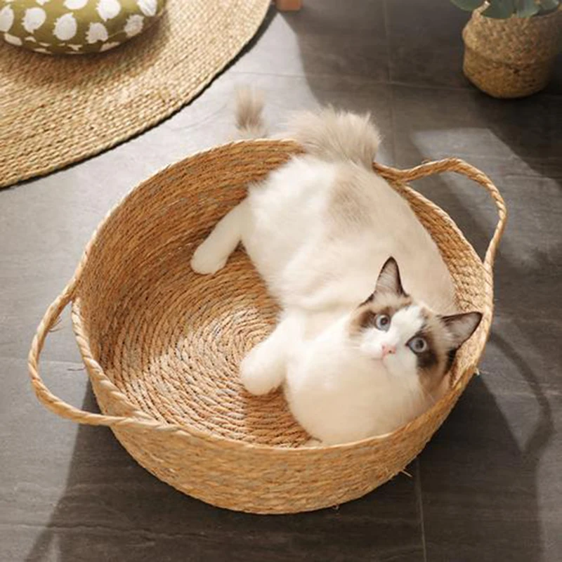 Cama de mimbre tejida a mano para mascotas, suministros de cama para gatos, suave, redonda, cesta, nido, tapete transpirable, para dormir