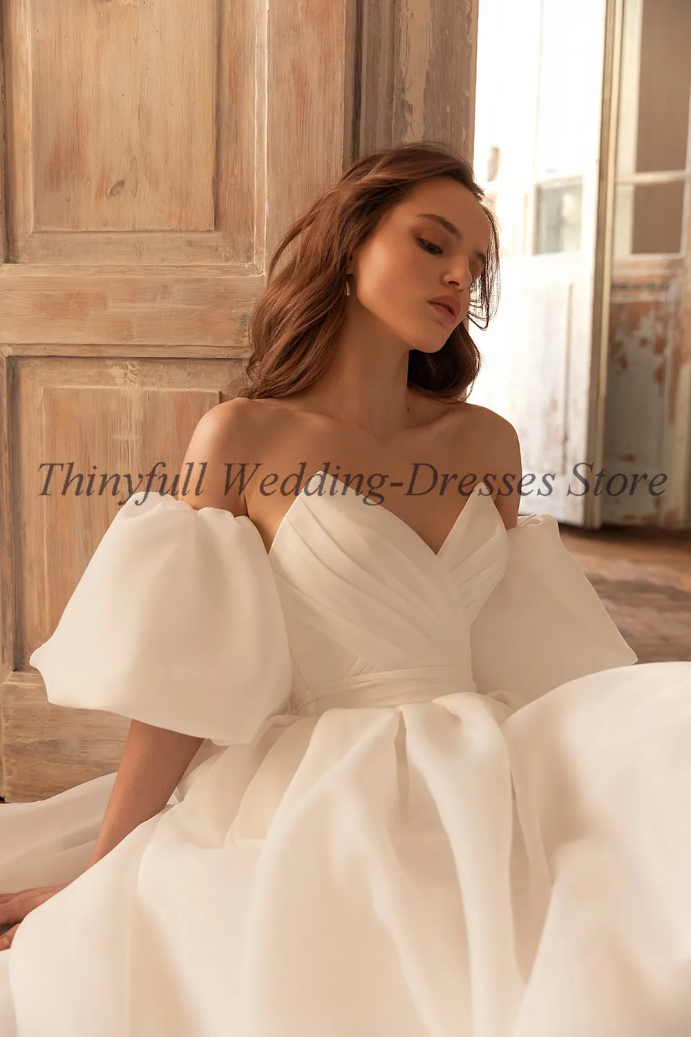 long sleeve wedding dresses Thinyfull Short Puff Sleeves Organza Wedding Dresses Boho Pleats Beach Bridal Gowns Long Train Bride Wedding Party Gowns 2022 sexy wedding dresses