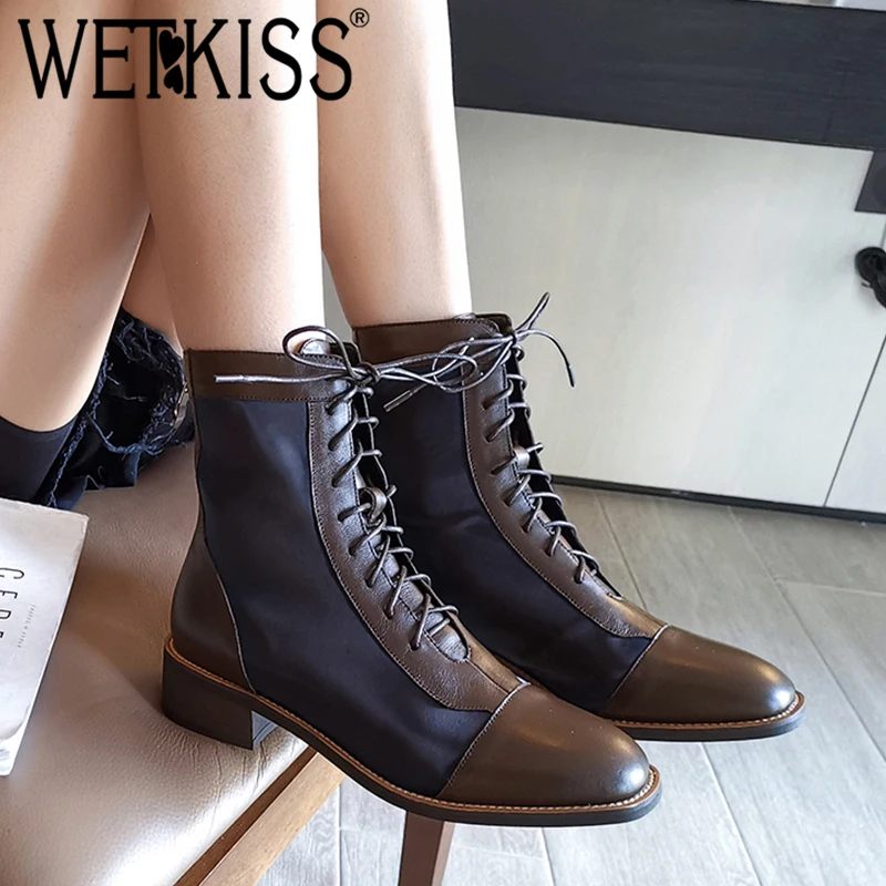 WETKISS Motorcycle Boots Women Satin Low Heels Ankle Boot Female Square
