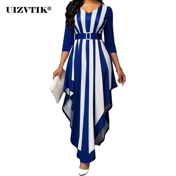 

Autumn Summer Dress Women 2020 Casual Plus Size Slim Irregular Striped Maxi Dresses Elegant Sexy V Neck Bandage Long Party Dress