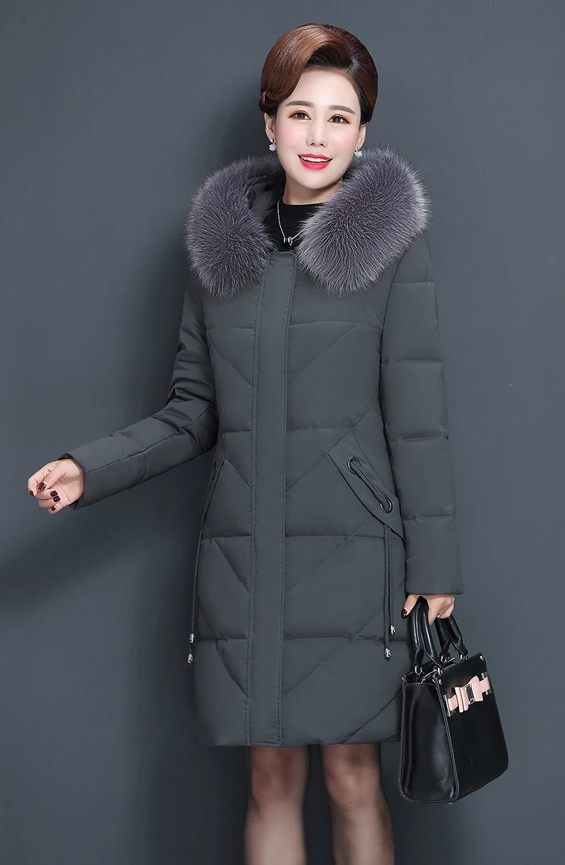 Зимняя мода женщин среднего возраста толстый теплый с капюшоном вниз хлопок пальто куртка длинный раздел большой меховой воротник хлопок куртка(XL-5XL