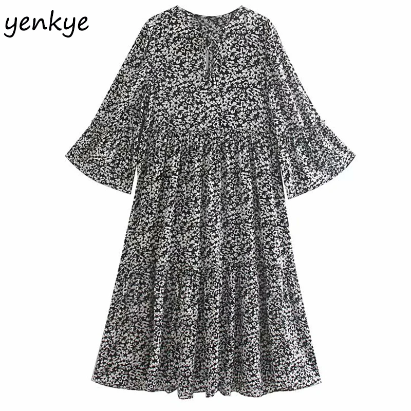 

2019 Women Vintage Floral Print Midi Dress Lady Lace Up Round Neck Long Sleeve Pleated Casual Autumn Dress OZZ9276