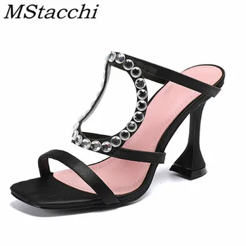 

MStacchi Fashions Slippers Women Crystal Leather High Heels Silk Cloth Narrow Band Women Shoes Spring And Autumn Sexy Slippers