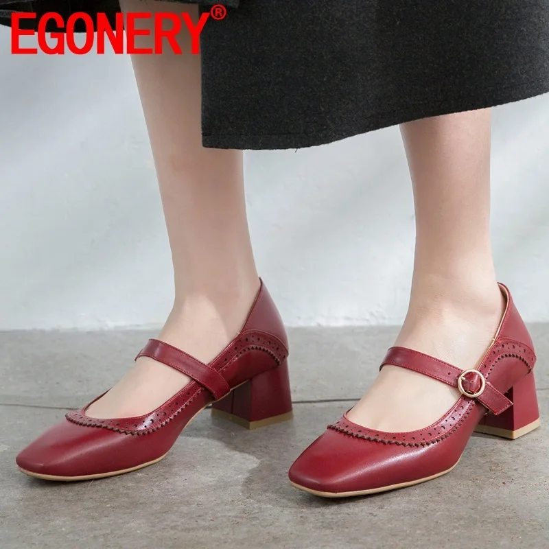 

EGONERY spring new fashion women pumps outside mid heels buckle square toe genuine leather women shoes drop shippping size 34-39