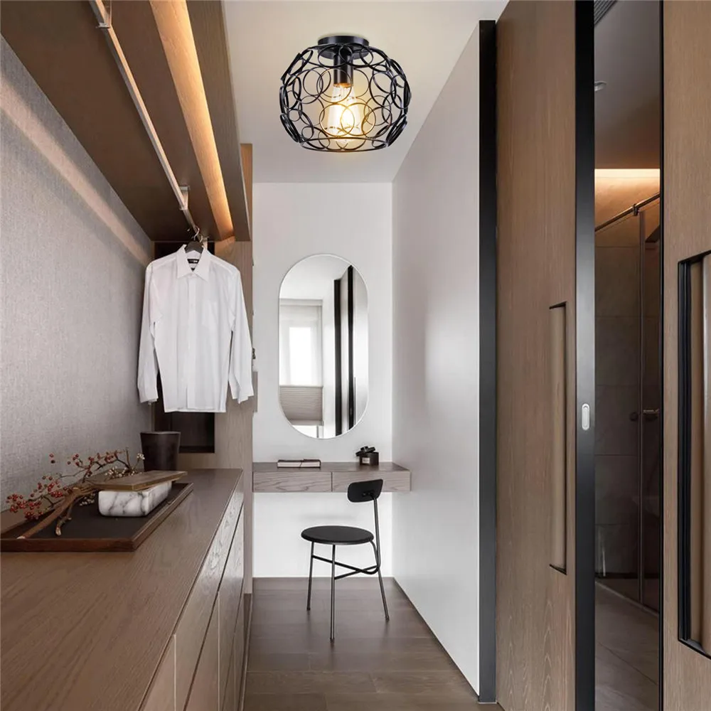 Semi-Flush Mount Ceiling Light Retro Industrial Metal Frame Ceiling Lamps for Porch Hallway Kitchen Bathroom Lighting Fixture