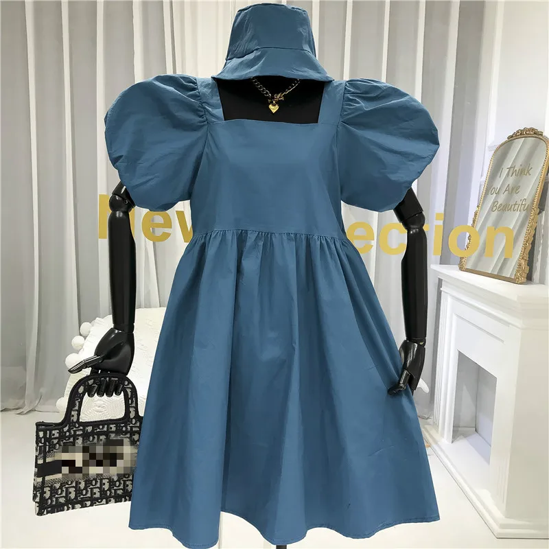 Neploe Dress Women French Square Collar Puff Sleeve Ladies Vestidos Summer 2020 Elegant Slim Waist Female Dresses with Hat 1D782