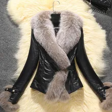 Новая осенне-зимняя женская Роскошная куртка из искусственной кожи, Повседневная теплая куртка с воротником из искусственного меха, приталенная черная кожаная короткая куртка