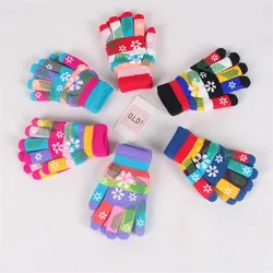 Cute Christmas Kids Winter Thick Warm Gloves Unisex Children Knitted Wool Snowflake Full Finger Wrist Gloves Mittens