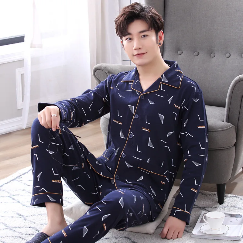 Men Pajamas 2 Piece 100% Cotton Sleepwear Pijama Cartoon Home Clothing Embroidery Sleep Lounge Pyjama Homewear Set | Мужская одежда