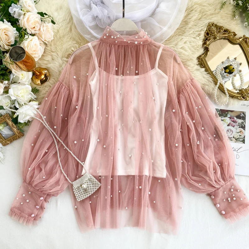 Plus Size Women Top lantern Sleeve Autumn Spring Blouse Beading Elegant Blouse Chiffon lace Pearl Shirt