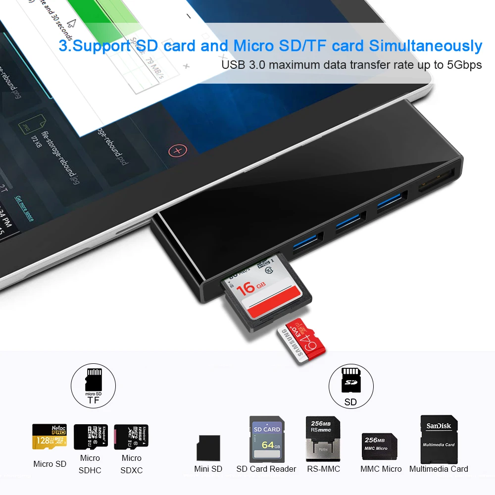 Rocketek usb 3,0 концентратор кард-ридер DP 4K 30 Гц адаптер для чтения в то же время SD/TF micro SD microsoft Surface Pro 4/5/6