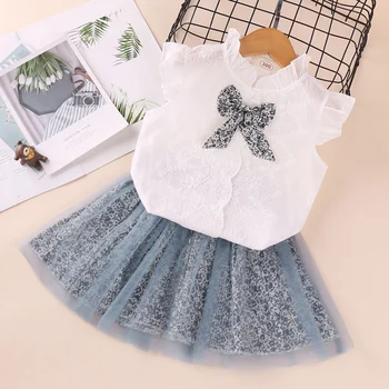

2020 New Summer Casual Girl's Bowknot Mandarin Collar Short Raglan Sleeve Tops+Mesh Skirt Suits