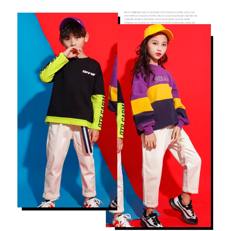 Black Purple Hoodie White Pants Set Children's Hiphop Street Dancewear Suit Kids Girls Boys Jazz Hip Hop Dance Costumes Clothes (4)