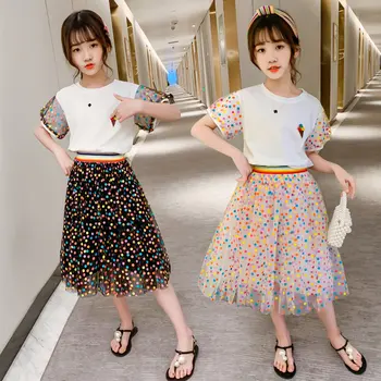 

Children Clothing Set Girls Suits Summer 2020 New Children's Short Sleeve Tshirt + Mesh Dot Skirt Princess Two Pieces Clothes