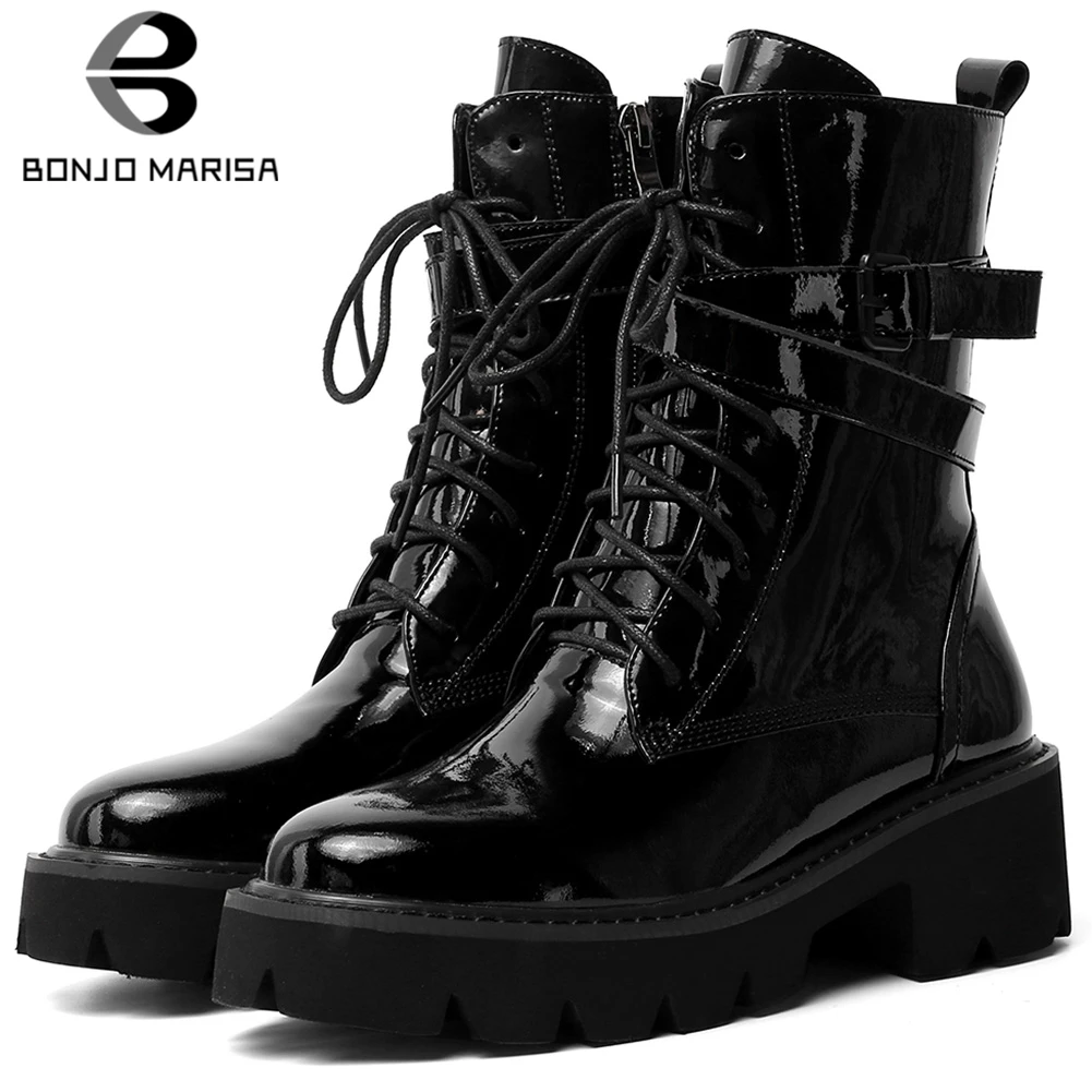 

BONJOMARISA New High Quality Platform Booties Ladies Black Genuine Leather Ankle Boots Women 2019 Casual Med Heels Shoes Woman