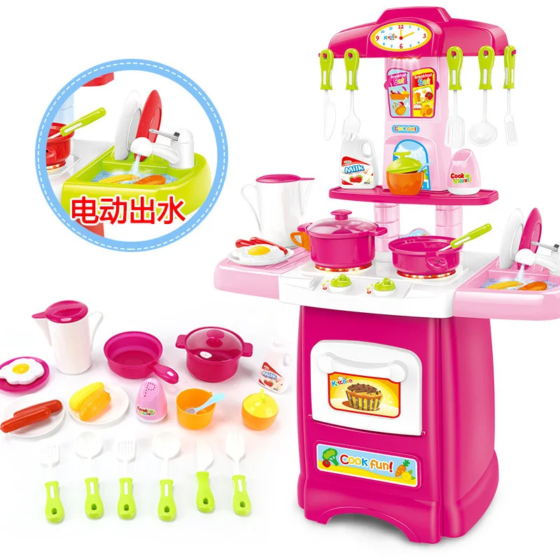 

Children Kitchen-Pumping Kitchen Units Set Light Included Light Voice Model Cooking Eating Tableware Play House Toys