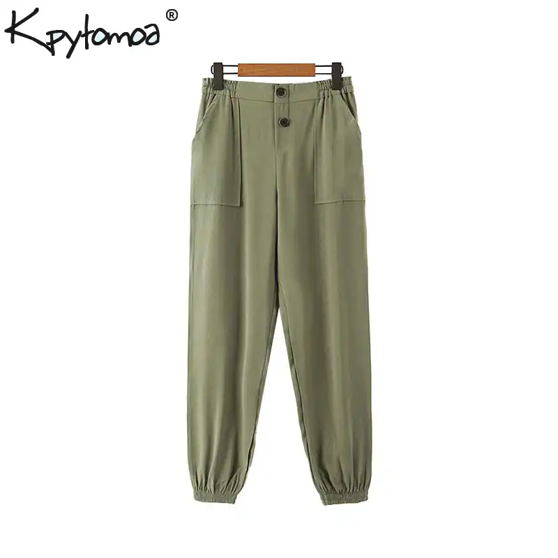 Vintage Stylish Pockets Cargo Pants Women 2020 Fashion Elastic