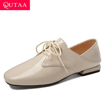 

QUTAA 2020 Square Toe Lace Up Casual Women Shoes PU Patent Leather Ladies Pumps Square Low Heel Concise Single Shoes Size 34-43