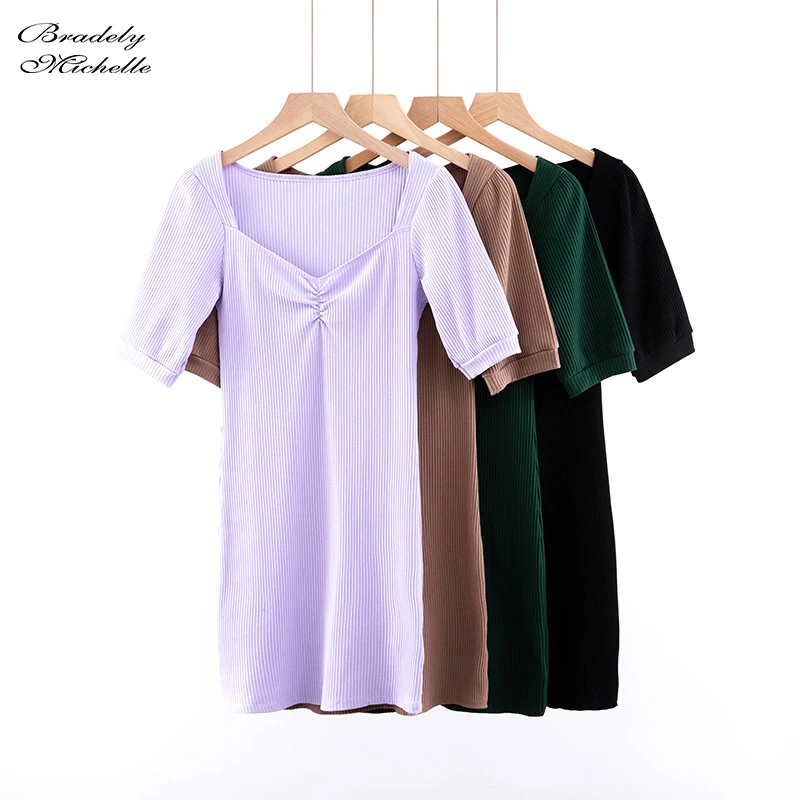 Летнее винтажное Новое эластичное женское мини трикотажное платье с коротким