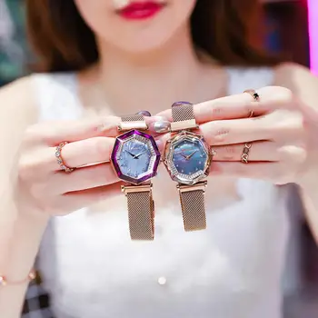 

Women Diamond Luxury Watches Quartz Geometric Polygon Dial Magnetic stainless steel Band noble Watches Dress Gift Ladies Saat