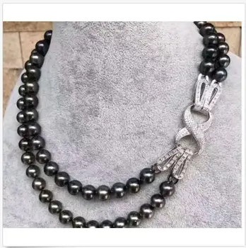 

2 rows 9-10mm tahitan black green pearl necklace 18"19" 925s