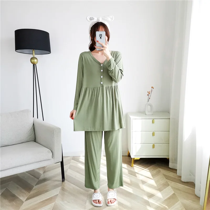 Fdfklak 2024 Maternity Clothes Suit V-Neck Maternity Pajama Long Sleeve Nursing Sleepwear Spring Autumn Breastfeeding Set