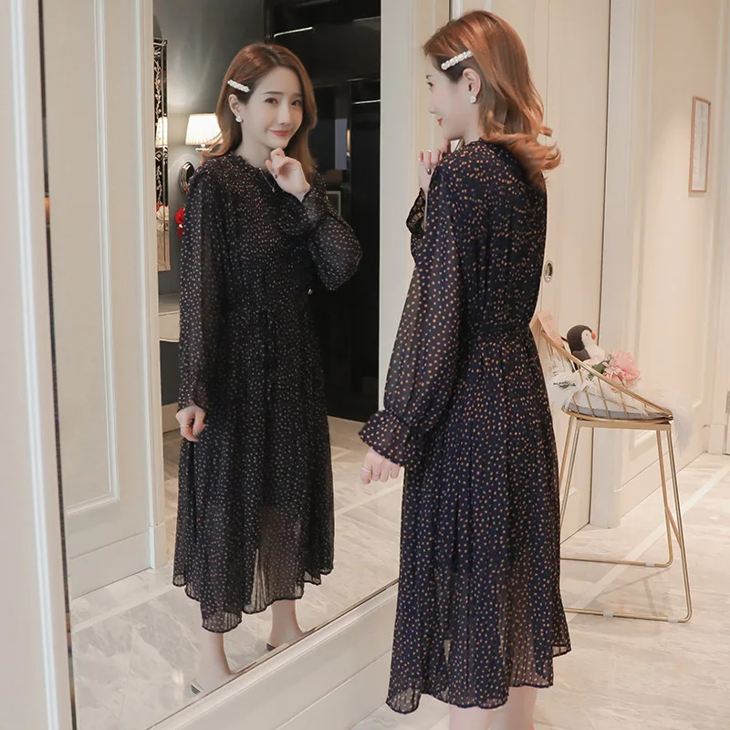 

2019 Spring Maternity Clothes Retro Stand Collar Dress Women's Large Size Mid-length Pleated Chiffon Pregnant Women Skirt