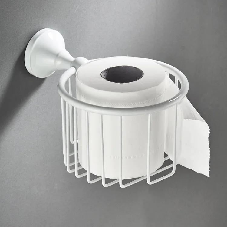 

Wall Hanging Toilet Grilled White Paint Bathroom Hook Unit Copper Material Volume Basket zhi jin lou Simple White Storage Basket