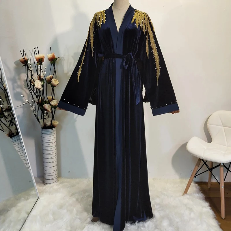Black abaya Siskakia мусульманский женский открытый абайя осень зима марокканский Дубай Арабский бархат кимоно верхняя одежда вышивка бисером Jubah - Цвет: Black abaya