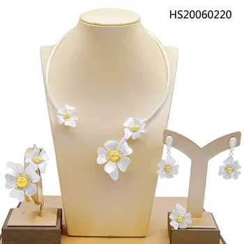 

Yulaili New Fashion Silver Color Flower Style Choker Necklaces Dangle Earrings Bracelet Ring for Women Wedding Jewelry Sets