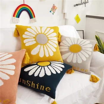 

FSISLOVER ins Chic Cotton Tassel Cushin Cover Small Daisy Knitted Pillowcase Living Room Home Furnishing Pillowcase hogar