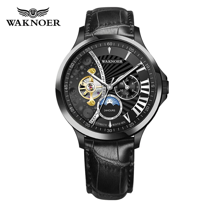 WAKNOER Мужские механические наручные часы Tourbillon Автоматические Мужские часы мужские модные Moon Phase Водонепроницаемые кожаные часы Reloj Hombre - Цвет: black 1