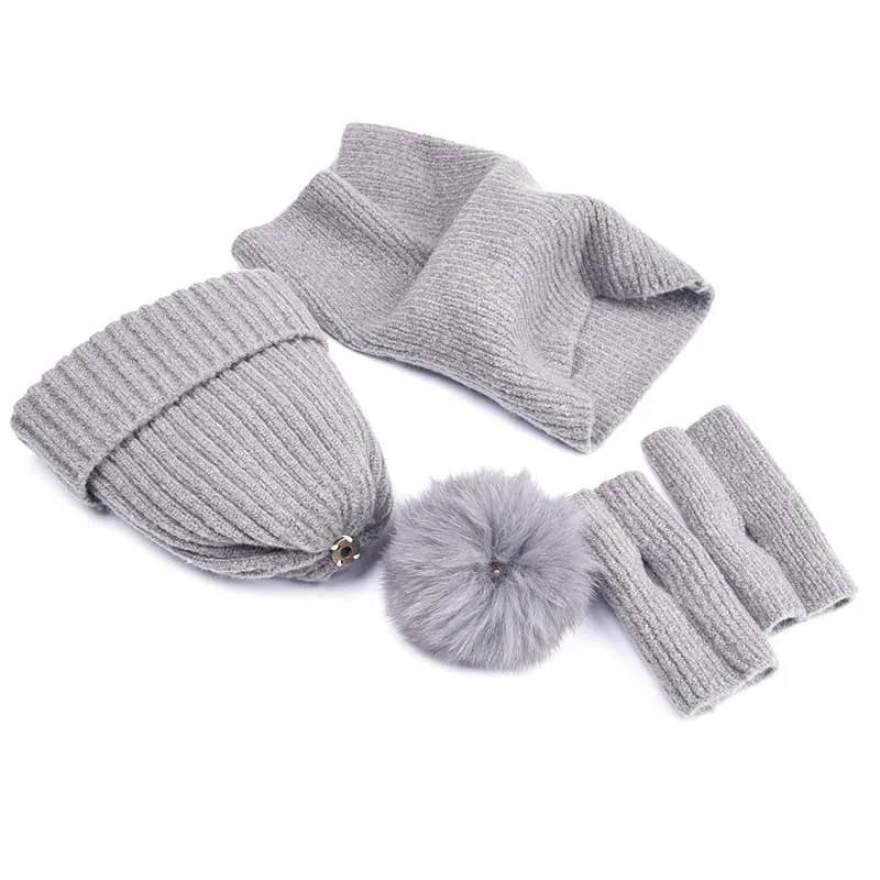 Роскошный помпон из лисьего меха, толстая вязаная шапка, перчатки и шарф для женщин, кашемировая вязаная зимняя 3 комплекта, женская