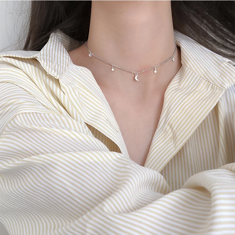 925 Sterling Silver Shiny CZ Stars & Moon Pendants Choker Necklace For Women Wedding Gift NK043 pendant necklace,silver necklace,silver pendant