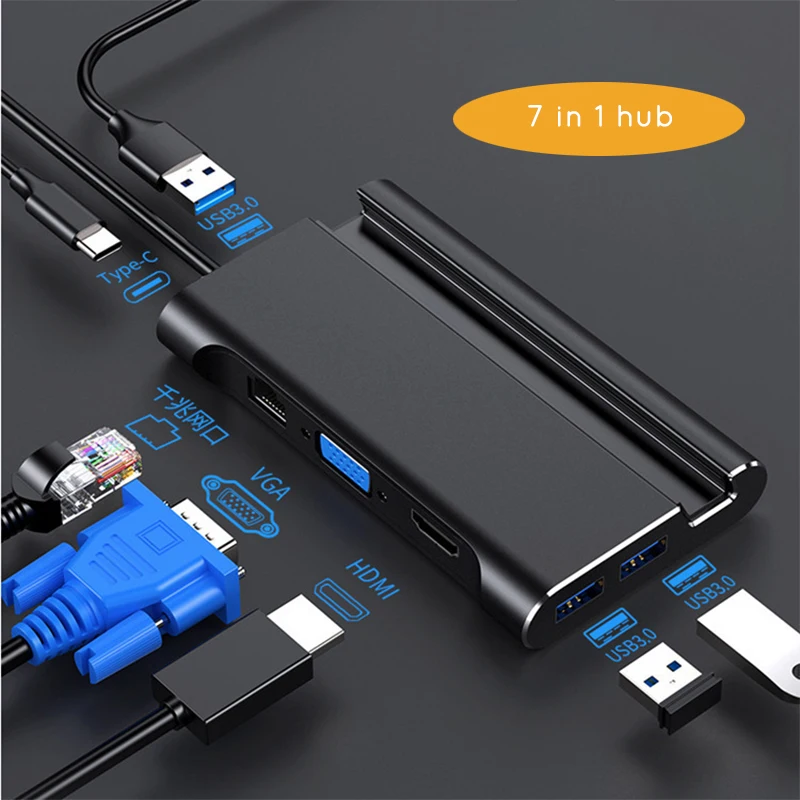 USB Type C 3.1 Gen 1 to 4K HDMI 1080P VGA Video Hub 1000M RJ45 USB 3.0 USBC PD Metal Shell Holder D